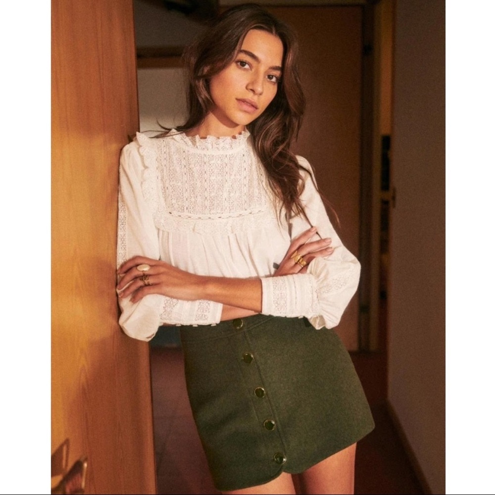 SÉZANE Coline Skirt Size 12 - Wool Blend Skirt in Khaki Green